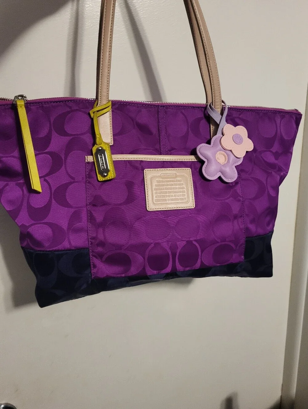 Coach Weekend Signature Colorblock Nylon East/ West Tote. Magenta/ Deep Purple